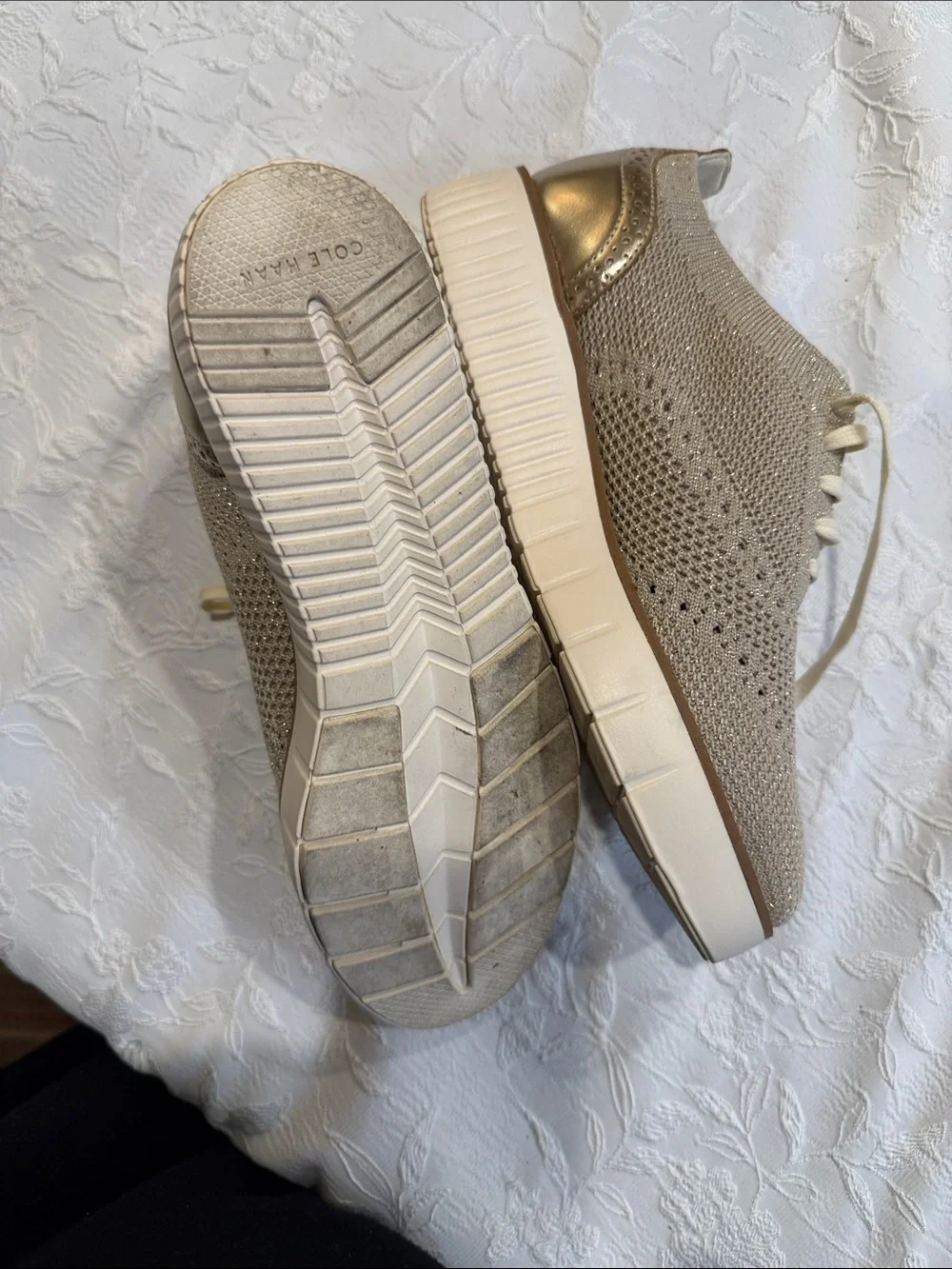 Cole Haan Lace-Up Knit Oxford Boots in Metallic Gold and Cream